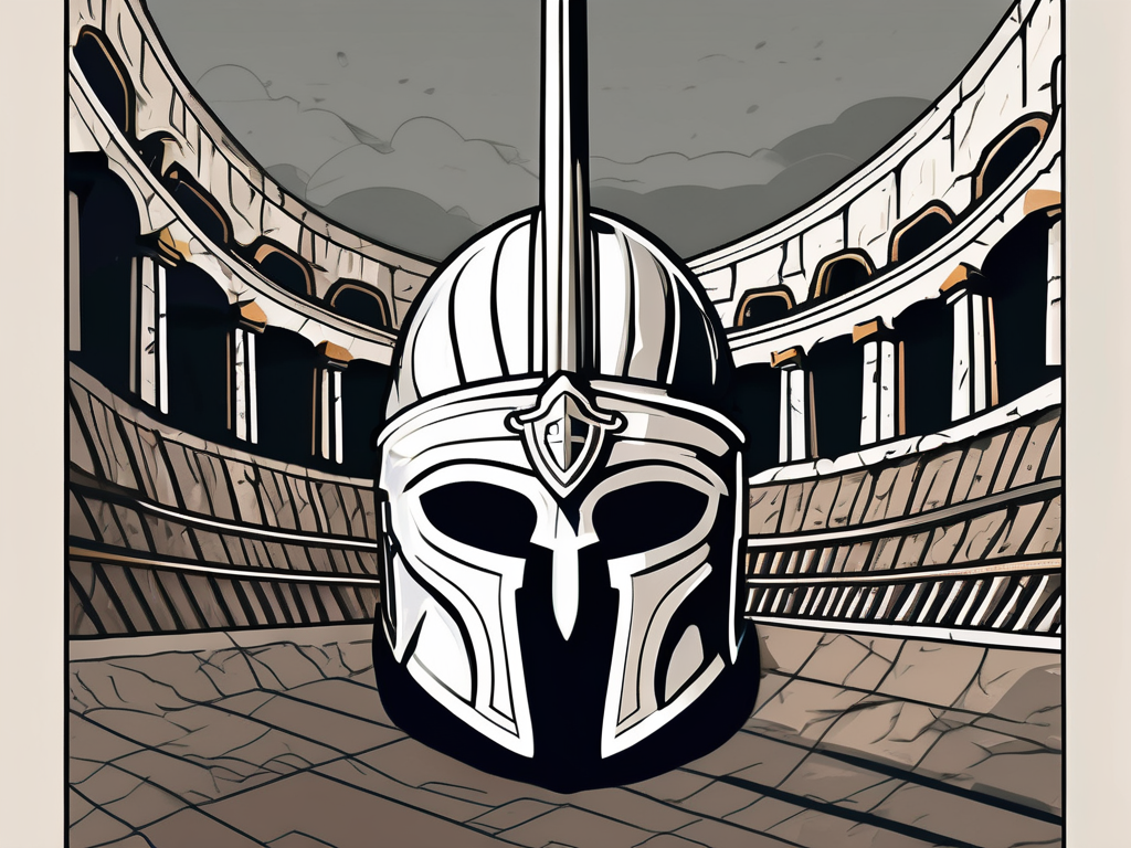 A gladiator's helmet and sword bathed in dramatic lighting